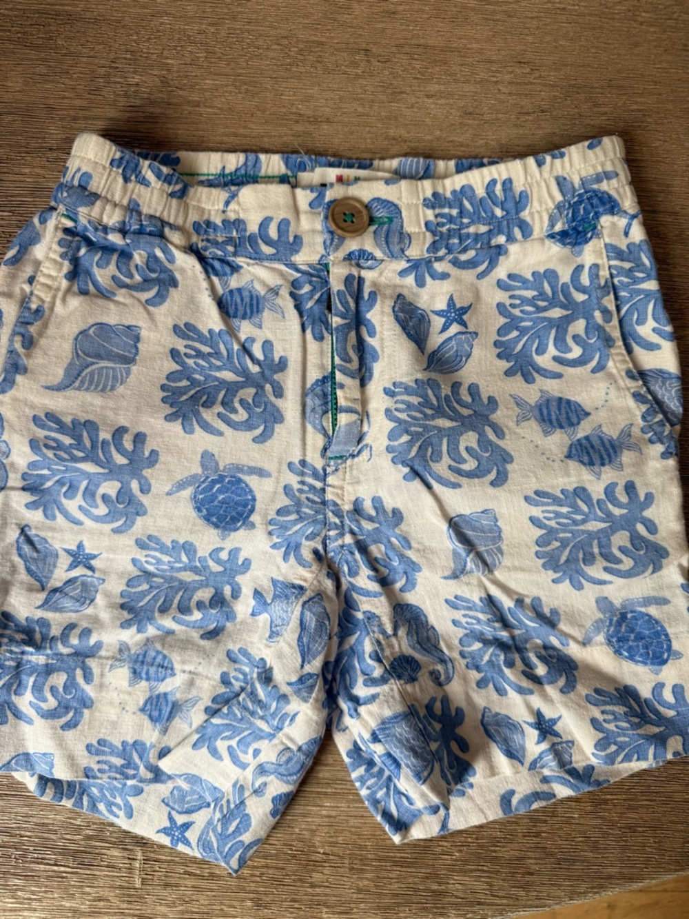 Mini Boden Boys Printed Shorts Size 4Y Blue Ocean Print Linen Cotton Blend